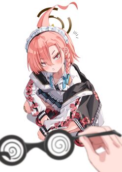 1girl 1other absurdres ahoge bandaid bandaid_on_knee bandaid_on_leg blue_archive blurry blush braid brown_halo center_frills cherry_blossom_print coke-bottle_glasses collared_shirt commentary constricted_pupils depth_of_field eyelashes eyes_visible_through_hair floral_print frilled_shirt frills from_above full_body glasses hair_between_eyes halo highres holding holding_removed_eyewear huge_ahoge id_card jacket looking_at_viewer mahoro_(minase_mahoro) maid maid_headdress mole mole_under_each_eye mole_under_eye multiple_moles neru_(blue_archive) notice_lines open_clothes open_jacket open_mouth print_jacket red_eyes red_shoes shirt shoes simple_background single_braid sleeves_past_wrists sneakers solo_focus squatting sukajan triangle_mouth tsurime unworn_eyewear upturned_eyes v-shaped_eyebrows white_background white_jacket white_shirt