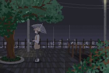 1boy 1girl animated animated_gif bag black_hair black_pantyhose blinking breathing_(animated) brown_dress bush cherry_blossoms dress fence holding holding_umbrella long_sleeves looping_animation muscat_dot original outdoors pantyhose pixel_art pursed_lips rain shirt short_hair skyline standing transparent transparent_umbrella tree umbrella white_shirt window_(computing)