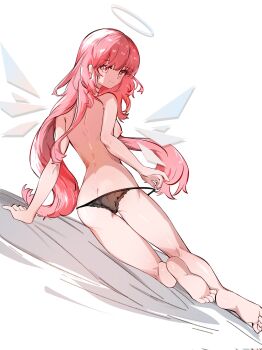 Rule 34 | 1girl, angel, arknights, arya melati, ass, barefoot, black panties, breasts, butt crack, commentary, detached wings, english commentary, feet, from behind, halo, highres, lemuen (arknights), long hair, looking at viewer, looking back, medium breasts, naked panties, nipples, panties, pink eyes, pink hair, simple background, small breasts, soles, solo, toes, topless female, underwear, very long hair, white background, wings