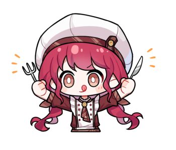 1girl :q apron artist_request ascot blush_stickers bow bright_pupils brooch brown_ascot brown_bow brown_dress brown_eyes buttons chef chef_hat chibi closed_mouth cropped_torso dress flat_top_chef_hat fork frilled_apron frills hair_bow happy hat holding holding_fork holding_knife hungry infinity_nikki jewelry knife long_hair long_sleeves low_twintails nikki_(series) notice_lines official_art pink_hair smile solo striped_ascot sweet_traces_(infinity_nikki) tareme three-quarter_sleeves tongue tongue_out transparent_background twintails v-shaped_eyebrows very_long_hair wavy_hair white_apron white_hat white_pupils