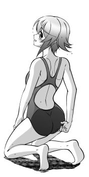 1girl absurdres adjusting_clothes adjusting_swimsuit ass back bare_legs bare_shoulders barefoot blush breasts chaos;child competition_swimsuit eibon feet from_behind full_body greyscale hair_between_eyes highres kneeling looking_at_viewer looking_back monochrome one-piece_swimsuit onoe_serika open_mouth science_adventure short_hair simple_background sitting small_breasts smile solo swimsuit wariza wet white_background
