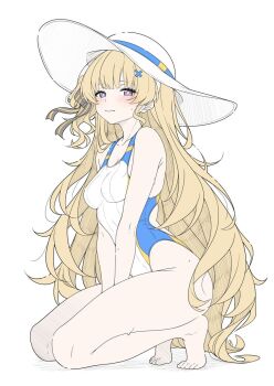 1girl bare_legs barefoot black_ribbon blonde_hair blue_one-piece_swimsuit breasts cleavage commentary english_commentary hair_ribbon hat highres legs long_hair looking_at_viewer medium_breasts one-piece_swimsuit phoebe_(wuthering_waves) ribbon simple_background solo swimsuit t1kosewad thighs toes two-tone_swimsuit very_long_hair wet white_background white_hat white_one-piece_swimsuit wuthering_waves