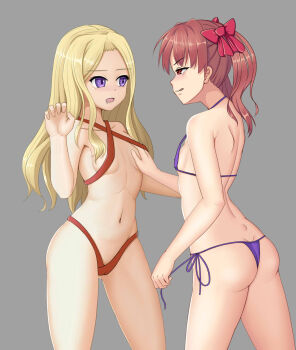 10s 2019 2girls ass bare_back bare_shoulders bikini blonde_hair blush bow breasts brown_eyes brown_hair collarbone decaying_ice frenda_seivelun gluteal_fold grabbing_another&#039;s_breast grey_background groping hair_bow hair_ornament half-closed_eyes halterneck highres licking_lips long_hair looking_at_another matching_hair/eyes micro_bikini multiple_girls navel official_alternate_costume open_mouth purple_bikini purple_eyes red_bikini red_bow shirai_kuroko shoulder_blades side-tie_bikini_bottom simple_background small_breasts standing stomach string_bikini swimsuit thighs toaru_kagaku_no_railgun toaru_majutsu_no_index tongue tongue_out yuri