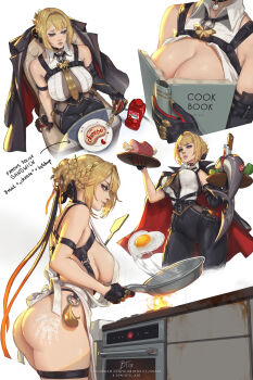 1girl absurdres apron ass black_gloves black_jacket blonde_hair blondynkitezgraja blue_eyes boned_meat boobs_in_book_(meme) book braid braided_bun bread bread_slice breasts breasts_out chair cleavage commentary cookbook english_commentary english_text evelyn_chevalier fire flipping_food food fork fried_egg frying_pan gloves hair_bun highres holding holding_frying_pan holding_tray huge_ass jacket ketchup ketchup_bottle large_breasts meat meme multiple_views naked_apron necktie on_chair shirt sitting slap_mark stove tray white_shirt yellow_necktie zenless_zone_zero