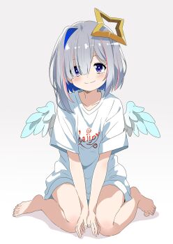 Rule 34 | 1girl, amane kanata, angel wings, arms between legs, barefoot, blue eyes, blue hair, closed mouth, colored inner hair, commentary request, feathered wings, feet, grey hair, hair over one eye, halo, highres, hololive, light blush, looking at viewer, multicolored hair, no pants, pink hair, print shirt, shirt, short hair, short sleeves, sidelocks, simple background, single hair intake, sitting, smile, solo, star halo, streaked hair, t-shirt, toes, v arms, wariza, white background, white shirt, wings, yabu q