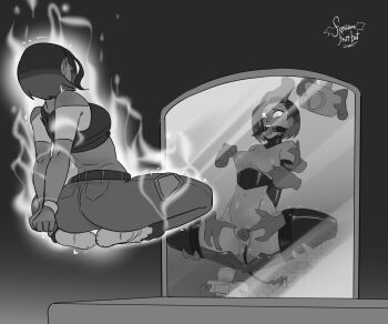 1girl bound different_reflection embarrassed female_focus gen_1_pokemon ghost haunter highres invisible mirror mirror_demon nintendo perrin_(pokemon) pokemon pokemon_sv rape reflection restrained tagme wide_hips