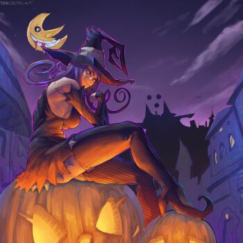1girl artist_name black_dress blair_(soul_eater) boots breasts building castle cloud commentary detached_sleeves dress english_commentary flipped_hair full_body hat highres jack-o&#039;-lantern long_hair looking_at_viewer naroodles night outdoors pumpkin purple_hair purple_sky short_dress sideboob sky sleeveless sleeveless_dress slit_pupils solo soul_eater soul_eater_moon thigh_boots witch witch_hat yellow_eyes