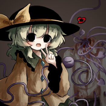 1girl black_eyes black_hat blood blood_on_clothes brown_background commentary_request contrast_collar corpse green_hair green_skirt grey_shirt hair_between_eyes hand_up hat hat_ribbon headless heart heripantomorrow komeiji_koishi long_sleeves looking_at_viewer ribbon shirt skirt smile third_eye touhou v wide_sleeves yellow_ribbon yellow_shirt