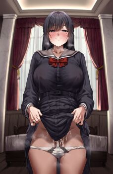 Rule 34 | 1girl, absurdres, belt, black belt, black eyes, black hair, black serafuku, blush, bow, bowtie, breasts, clothes lift, commentary request, cum, cumdrip, highres, indoors, jack dempa, large breasts, long hair, looking at viewer, miyamae shiho (jack dempa), original, panties, red bow, red bowtie, school uniform, serafuku, skirt, skirt lift, smile, solo, sweatdrop, underwear, white panties