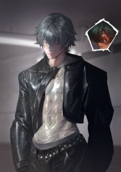 2boys abs absurdres ahoge belt black_jacket black_pants blurry blurry_background blush ceiling_light closed_eyes closed_mouth commentary covered_navel crossed_bangs english_commentary green_eyes green_hair grey_hair hair_between_eyes hair_over_one_eye highres indoors jacket jewelry light_smile lighter_(zenless_zone_zero) looking_over_eyewear male_focus multiple_boys necklace pants pikwat red_pupils shirt short_hair spoken_character sunglasses twitter_username upper_body wet wet_clothes wet_jacket wet_shirt white_shirt wise_(zenless_zone_zero) yaoi zenless_zone_zero