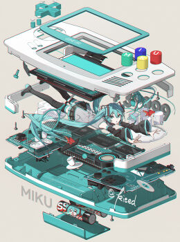 1girl absurdly_long_hair aqua_eyes aqua_hair aqua_necktie artist_name badminton_racket bare_shoulders black_boots boots detached_sleeves game_boy game_boy_advance game_boy_advance_(original) hair_between_eyes handheld_game_console hashtag-only_commentary hatsune_miku highres kieed long_hair looking_at_viewer necktie pleated_skirt racket skirt solo thigh_boots twintails very_long_hair vocaloid