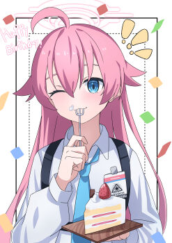 ! 1girl ;3 absurdres ahoge blue_archive blue_eyes blue_necktie cake cake_slice closed_mouth collared_shirt commentary_request confetti dotted_line food food_on_face fork fruit halo happy_birthday highres holding holding_fork hoshino_(blue_archive) long_sleeves maruaki necktie one_eye_closed pink_hair puffy_long_sleeves puffy_sleeves shirt solo strawberry upper_body utensil_in_mouth white_background white_shirt