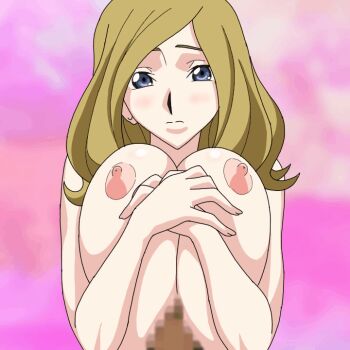 10s 1girl animated animated_gif blonde_hair blue_eyes blush breast_lift breasts breasts_squeezed_together celestine_lucullus censored code_geass dark-skinned_male dark_penis dark_skin derivative_work erection gradient_background huge_breasts kuroinu_~kedakaki_seijo_wa_hakudaku_ni_somaru~ looking_at_viewer looping_animation milly_ashford mosaic_censoring nanashi_no_(akfg-uw-178) nanashi_no_chinpokko_(nijie755696) nipples nude paizuri penis pink_background rubbing short_hair solo_focus squeezing staring third-party_edit topless_female traced upper_body