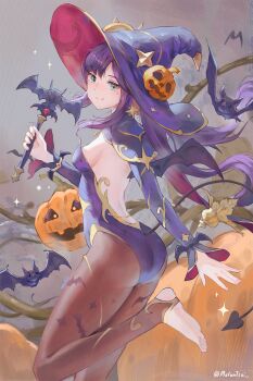 1girl artist_name backless_leotard barefoot black_gloves black_hair black_hat black_leotard breasts brown_pantyhose chinese_commentary closed_mouth commentary_request demon_tail genshin_impact gloves hat highres jewelry leotard long_hair looking_at_viewer looking_to_the_side melon_(melontsai) mona_(genshin_impact) pantyhose pumpkin_hat_ornament sideboob smile solo tail toes twintails twitter_username watermark witch_hat