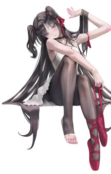 Rule 34 | 1girl, absurdres, arm ribbon, arm up, ballerina, ballet, ballet slippers, bandaged foot, bandages, bangsom, bare shoulders, black choker, black hair, black pantyhose, blunt bangs, blush, choker, closed mouth, commentary request, criss-cross straps, dress, feet, hair ribbon, highres, holding, holding shoes, holding unworn clothes, long hair, looking at viewer, maya (bangsom), mole, mole under eye, original, pantyhose, purple eyes, ribbon, shoes, single shoe, sitting, smile, solo, straight hair, sweat, toeless legwear, toes, two side up, unworn shoes, very long hair, white dress