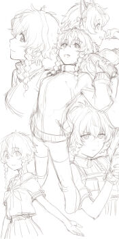 1girl amane_suzuha amane_suzuha_(beta) bike_shorts braid carrot commentary_request greyscale gun hair_rings highres holding holding_carrot holding_gun holding_weapon jacket long_hair mayqueen_maid_uniform menomorute monochrome multiple_costumes multiple_views school_uniform science_adventure serafuku steins;gate steins;gate_0 track_jacket twin_braids weapon