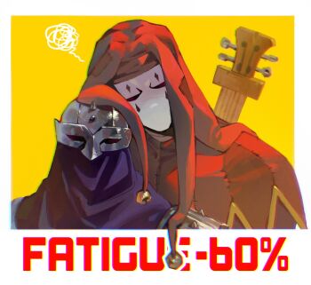 2boys armor bell bounty_hunter_(darkest_dungeon) cheolsu commentary_request darkest_dungeon english_text hat head_rest highres instrument instrument_on_back jester_(darkest_dungeon) jester_cap korean_commentary lute_(instrument) male_focus mask multiple_boys patchwork_clothes red_shawl shawl sleeping spikes squiggle upper_body white_mask