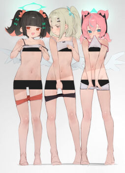 3girls angels_of_delusion aria_(zenless_zone_zero) bar_censor barefoot black_hair black_shorts blue_eyes blue_hair blue_halo camisole camisole_lift censored closed_mouth clothes_lift colored_inner_hair dolphin_shorts flat_chest green_eyes halo highres loli looking_at_viewer looking_to_the_side multicolored_hair multiple_girls nangong_yu navel open_mouth pink_hair quad_tails red_eyes red_hair red_shorts shorts simple_background sunna_(zenless_zone_zero) theflatfacadeds twintails white_background white_camisole white_shorts white_wings wings zenless_zone_zero