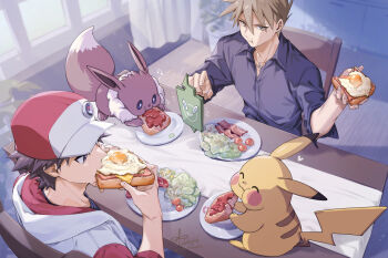 2boys 88_(einnimnech) bacon baseball_cap black_shirt blue_oak bread bread_slice brown_eyes brown_hair chair closed_eyes closed_mouth commentary_request curtains dining_room eating eevee egg food gen_1_pokemon gen_4_pokemon hat heart highres holding holding_food indoors jacket jam jewelry multiple_boys necklace nintendo on_chair pikachu plant pokemon pokemon_(creature) pokemon_red/green/blue/yellow potted_plant red_(pokemon) red_sleeves rotom rotom_phone shirt short_hair short_sleeves sitting smile spiked_hair table white_jacket window