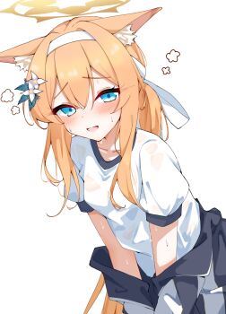 1girl animal_ear_fluff animal_ears blue_archive blue_eyes blush breasts cat_ears cat_girl commentary dot_nose double-parted_bangs flower hair_flower hair_ornament halo headband highres jacket jacket_partially_removed kabocya_na long_hair looking_at_viewer mari_(blue_archive) mari_(track)_(blue_archive) medium_breasts open_mouth orange_hair playboy_bunny ponytail raised_inner_eyebrows shirt simple_background solo standing sweat sweatdrop t-shirt track_suit upper_body wet wet_clothes white_background white_flower white_headband white_shirt yellow_halo