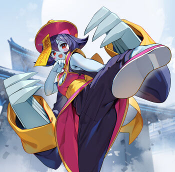 1girl armpits blue_skin breasts claw_(weapon) cleavage cleavage_cutout clothing_cutout colored_skin darkstalkers dress hair_between_eyes hat hsien-ko incoming_attack incoming_kick looking_at_viewer medium_breasts nyoro_(nyoronyoro000) ofuda open_mouth pants pink_dress pink_hat purple_pants purple_skin red_eyes short_hair smile solo teeth upper_teeth_only weapon