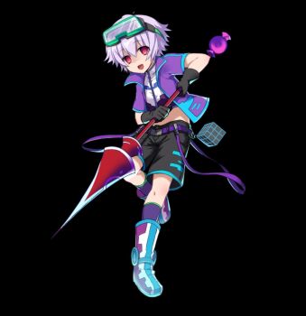 Rule 34 | 1boy, belt, black background, black gloves, black shorts, boots, cropped shirt, full body, gloves, goggles, goggles on head, hair between eyes, highres, holding, holding polearm, holding weapon, jacket, merc storia, merc storia art team, night (merc storia), official art, open clothes, open jacket, open mouth, polearm, purple belt, purple boots, purple eyes, purple hair, purple jacket, purple socks, shirt, short hair, short sleeves, shorts, simple background, smile, socks, solo, standing, tachi-e, weapon, white shirt