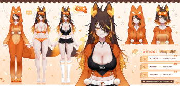 1girl animal_ears animal_hood animal_slippers artist_name bare_arms bare_legs bare_shoulders barefoot black_choker black_shorts black_tank_top blonde_hair bra breasts brown_hair choker cleavage commentary crop_top dolphin_shorts drawstring english_commentary english_text fiery_ears fiery_tail fire full_body gradient_hair hair_over_one_eye highres hood hood_down hood_up hooded_pajamas indie_virtual_youtuber large_breasts long_hair looking_at_viewer loungewear midriff multicolored_hair multiple_views nanoless navel no_shoes official_alternate_costume official_alternate_hair_length official_alternate_hairstyle official_art one_eye_covered orange_bra orange_eyes orange_hair orange_pajamas orange_panties orange_slippers pajamas panties pom_pom_(clothes) reference_sheet short_hair shorts sinder_(vtuber) sinder_(vtuber)_(pyro_pajamas) sleep_mask sleepwear slippers socks standing stomach streaked_hair tachi-e tail tank_top thigh_gap toes underwear variations virtual_youtuber white_socks wolf_ears wolf_girl wolf_tail