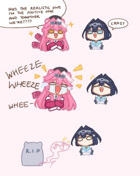 Rule 34 | +++, 2girls, = =, animal ears, beret, bow, brooch, chain, commentary, english commentary, fang, giving up the ghost, goggles, goggles on head, grave, hair intakes, hairband, hat, highres, hololive, hololive english, jacket, jewelry, laughing, multicolored hair, multiple girls, open mouth, ouro kronii, ouro kronii (1st costume), panther ears, panther girl, raora panthera, raora panthera (1st costume), sappysque, smile, sparkle, streaked hair, tail, tail wagging, tears, tombstone, virtual youtuber