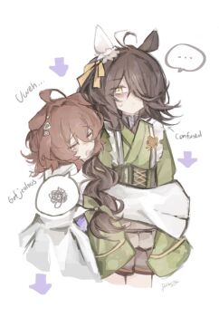 ... 2girls agnes_tachyon_(tach-nology)_(umamusume) agnes_tachyon_(umamusume) ahoge animal_ears arrow_(symbol) black_hair brown_corset brown_hair chemical_structure closed_eyes closed_mouth coat corset doktahzaki ear_covers earrings ears_down frilled_kimono frills gameplay_mechanics girdle green_kimono hair_between_eyes horse_ears horse_girl hug japanese_clothes jealous jewelry kimono lab_coat long_bangs long_hair long_hair_between_eyes long_sleeves maid manhattan_cafe_(umamusume) manhattan_cafe_(verdant_night)_(umamusume) medium_hair multicolored_hair multiple_girls official_alternate_costume official_alternate_hairstyle open_mouth single_ear_cover single_earring sleeves_past_fingers sleeves_past_wrists speech_bubble spoken_ellipsis tearing_up umamusume very_long_hair white_coat white_hair yellow_eyes