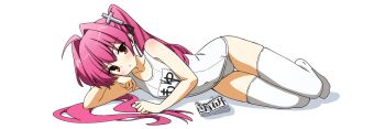 Rule 34 | 1girl, :<, absurdres, ahoge, armband, asakura moyu, bare arms, black ribbon, breasts, closed mouth, commentary request, cosgaso, cross hair ornament, full body, hair intakes, hair ornament, hair ribbon, hand up, head rest, highres, long hair, looking at viewer, lying, moeken, name tag, no shoes, official art, old school swimsuit, on side, one-piece swimsuit, pink hair, red eyes, ribbon, school swimsuit, simple background, small breasts, solo, swimsuit, thigh gap, thighhighs, twintails, unworn armband, very long hair, white background, white one-piece swimsuit, white thighhighs