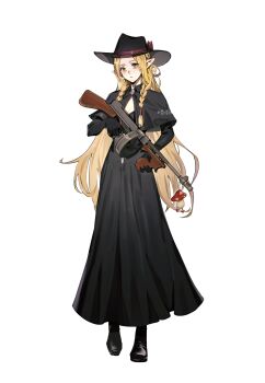 1girl alternate_costume artist_name black_boots black_capelet black_dress black_gloves black_hat blonde_hair boots braid brooch capelet chinese_commentary chuo_chuo_ye commentary_request dress dungeon_meshi elf full_body gloves green_eyes gun hat highres holding holding_gun holding_weapon jewelry long_dress long_hair looking_at_viewer marcille_donato pointy_ears rifle simple_background solo standing transparent_background twin_braids walking_mushroom_(dungeon_meshi) weapon