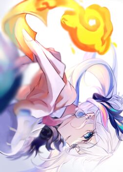 1girl between_fingers blue_eyes breasts bright_pupils earrings fire fur_trim hashtag-only_commentary highres holding honkai:_star_rail honkai_(series) jewelry nail_polish ofuda ofuda_between_fingers peacock_feathers_hair_ornament rael_elle72 single_earring smile white_hair yao_guang_(honkai:_star_rail)