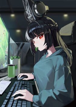 1girl absurdres alternate_costume animal_ear_fluff animal_ears black_hair blunt_bangs ceiling computer computer_keyboard computer_mouse fingernails fox_ears fox_girl headphones highres hoshimi_miyabi indoors light_blush long_hair looking_at_viewer ppangchil red_eyes sidelocks sitting solo upper_body zenless_zone_zero