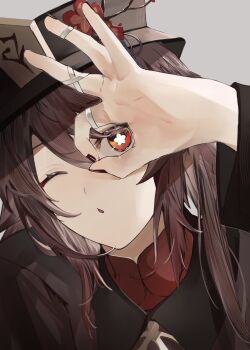 1girl ;o black_nails brown_coat brown_hair brown_hat coat flower flower-shaped_pupils genshin_impact grey_background hat hat_flower highres hu_tao_(genshin_impact) jewelry long_hair long_sleeves multiple_rings nail_polish ok_sign ok_sign_over_eye one_eye_closed parted_lips plum_blossoms porkpie_hat red_eyes ring sidelocks simple_background solo symbol-shaped_pupils upper_body yukiusagi_(snowrabbit0508)