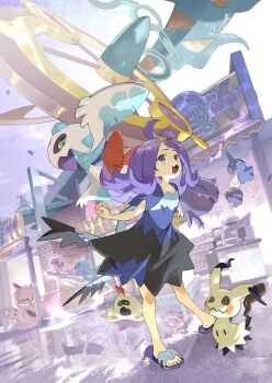 acerola_(pokemon) alternate_size bag brick dhelmise e_volution food frillish frillish_(female) frillish_(male) froslass gen_1_pokemon gen_3_pokemon gen_4_pokemon gen_5_pokemon gen_7_pokemon gengar haunter highres ice_cream market_stall mimikyu nintendo oricorio oricorio_(sensu) palossand poke_ball pokemon pokemon_sm purple_eyes purple_hair purple_sky reflection sandygast shopping_cart shuppet sky smile vanillite