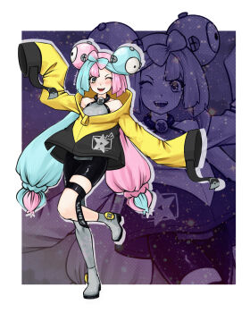 Rule 34 | 1girl, ;d, aqua hair, azurdraws, bike shorts, blush, boots, border, bow-shaped hair, character hair ornament, commentary, grey footwear, grey pantyhose, grey shirt, hair ornament, highres, iono (pokemon), jacket, leg up, long hair, multicolored hair, nintendo, one eye closed, open mouth, pantyhose, pink hair, pokemon, pokemon sv, shirt, single leg pantyhose, sleeveless, sleeveless shirt, smile, star (symbol), star print, teeth, thigh strap, twintails, two-tone hair, upper teeth only, white border, yellow jacket, zoom layer