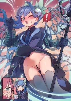 2girls absurdres aromage_rosemary aromalilith_rosemary aroused_nosebleed bar_censor blue_dress blue_eyes blue_hair blush c_civciv censored character_request clothes_lift cowboy_shot dress dress_lift duel_monster gluteal_fold highres holding holding_staff long_hair multiple_girls multiple_wings no_panties nosebleed one_eye_closed pussy solo_focus staff thighhighs underwear wind wings yu-gi-oh!