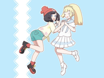 2girls ass black_hair blonde_hair blue_background blue_eyes bob_cut braid closed_eyes eyelashes feet_up female_focus floral_print friends full_body green_shorts hands_up happy hat heel_up highres holding_hands interlocked_fingers leaning_on_person legs light_blush lillie_(pokemon) long_hair looking_at_viewer looking_to_the_side marunouchi_yaesu mary_janes medium_hair midriff_peek multiple_girls nintendo official_alternate_costume official_alternate_hairstyle open_mouth parted_bangs pokemon pokemon_sm ponytail ponytail_with_braided_base red_hat sailor_collar selene_(pokemon) shirt shoes short_shorts short_sleeves shorts sidelocks skirt sneakers socks tied_shirt white_shirt white_skirt white_socks yellow_shirt z-ring