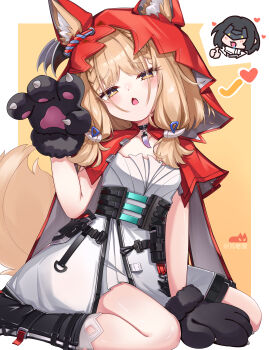 Rule 34 | + +, 2girls, absurdres, animal ear fluff, animal ears, animal hands, arknights, arknights: endfield, black boots, blonde hair, boots, cape, chinese commentary, commentary request, dress, ears through headwear, endministrator (arknights), female endministrator (arknights), gloves, heart, highres, hood, hood up, hooded cape, jewelry, looking at viewer, multiple girls, necklace, open mouth, paw gloves, paw pose, red cape, rossi (arknights), sitting, solo focus, tail, tooth necklace, wariza, white dress, wizard2482, wolf ears, wolf girl, yellow eyes
