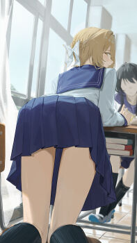 2girls absurdres alternate_costume alternate_hairstyle arm_rest black_hair black_socks blonde_hair blue_sailor_collar blue_skirt book book_stack bow braid chair classroom commentary_request contemporary desk feet_out_of_frame from_behind genshin_impact hair_bow highres indoors kneehighs kneeling long_sleeves looking_at_viewer looking_back lumine_(genshin_impact) lupinu5 multiple_girls on_chair parted_lips pleated_skirt sailor_collar school_chair school_desk school_uniform serafuku shirt shoes short_hair skirt socks solo_focus tile_floor tiles uwabaki white_bow white_shirt window yellow_eyes