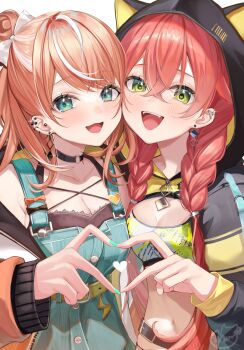 :d absurdres ahoge animal_ear_hood aqua_overalls belt blush bow braid breasts choker cleavage cleavage_cutout clothing_cutout crop_hoodie crop_top cropped_jacket crossed_bangs earrings fake_animal_ears fang fangs green_eyes hair_between_eyes hair_bow hair_bun hair_ornament heart heart_hands heart_hands_duo heart_in_heart_hands highres hood hooded_jacket horo_27 idios igarashi_rika igarashi_rika_(1st_costume) jacket jewelry long_hair long_sleeves looking_at_viewer low_twin_braids multicolored_hair navel nijisanji o-ring o-ring_choker open_clothes open_jacket open_mouth orange_hair orange_jacket overalls pants red_hair shishido_akari shishido_akari_(1st_costume) simple_background single_side_bun smile spike_piercing star_(symbol) star_hair_ornament streaked_hair twin_braids virtual_youtuber white_background white_bow white_hair white_pants yellow_belt