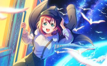 1girl :d aqua_eyes aurora bird building city_lights cloud commentary_request constellation cosplay crescent_moon earth_(planet) full_moon fur_trim galaxy game_asset hat highres jacket kurosawa_ruby letterboxed light_particles love_live! love_live!_sunshine!! milky_way moon moonlight night non-web_source official_art open_mouth pillarboxed planet red_hair self-datamine shooting_star skirt sky skyscraper smile solo space spacecraft star_(sky) star_(symbol) starry_sky starry_sky_print suspender_skirt suspenders telescope ufo wang_xue wang_xue_(cosplay) world_dai_star