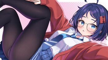 1girl absurdres ahoge black_pantyhose blue_eyes blue_hair blue_necktie blue_skirt blush cardigan claw_hair_clip commentary_request glasses hairclip highres knee_up long_sleeves looking_at_viewer lying mila_(miside) miside mita_(miside) n2o necktie on_back open_cardigan open_clothes open_mouth pantyhose pleated_skirt polka_dot polka_dot_background red_cardigan shirt shirt_tucked_in short_hair simple_background skirt solo white_shirt