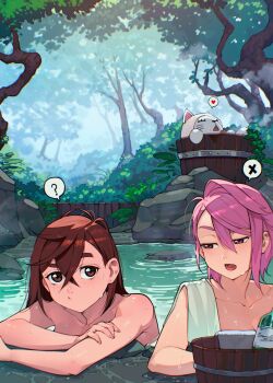 Rule 34 | 2girls, :/, ?, artist name, ayase momo, blush, bottle, breasts, brown eyes, brown hair, bucket, bush, cat, cesar art456, closed eyes, closed mouth, commentary, crossed bangs, dandadan, english commentary, forest, hair between eyes, heart, highres, looking at viewer, multiple girls, nature, onsen, open mouth, outdoors, partially submerged, pink eyes, pink hair, raised eyebrow, rock, shiratori aira (dandadan), short hair, spoken heart, spoken question mark, spoken x, steam, towel, tree, turbo granny (dandadan), water, water drop, wet, white cat, wooden bucket