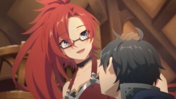 Rule 34 | 1boy, 1girl, ahoge, blue eyes, collar, glasses, headpat, indoors, official art, princess connect!, red hair, short hair, smile, yuuki (princess connect!)