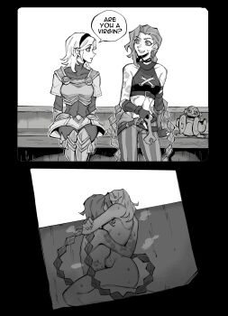 25_kimera 2girls are_you_a_virgin?_(meme) arm_tattoo bare_arms belt braid breasts commentary completely_nude crop_top from_side hairband highres holding holding_wrench jinx_(league_of_legends) kiss large_breasts league_of_legends long_hair lux_(league_of_legends) meme multiple_girls nude pants shirt stomach striped_clothes striped_pants symbol-only_commentary tattoo tokyo_ghoul tokyo_ghoul:re twin_braids twintails wrench yuri