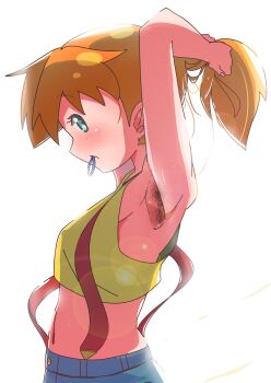 1girl absurdres aqua_eyes armpits asymmetrical_hair blush breasts denim denim_shorts gym_leader hair_tie highres legs masamu_(leonore69) medium_breasts misty_(pokemon) navel nintendo open_mouth orange_hair pokemon pokemon_(anime) pokemon_(classic_anime) ponytail shirt short_hair short_shorts shorts side_ponytail small_breasts solo tank_top yellow_shirt yellow_tank_top