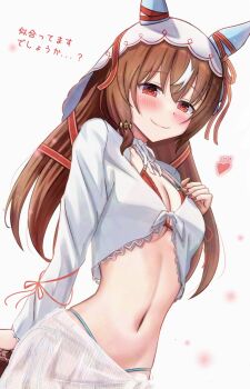 1girl animal_ears bikini bikini_under_clothes blush breasts brown_hair cleavage closed_mouth commentary cowboy_shot dutch_angle ear_covers hair_ribbon heart highres horse_ears horse_girl lio_(maguri) long_hair long_sleeves looking_at_viewer multicolored_hair navel red_bikini red_eyes red_nails red_ribbon ribbon shirt simple_background small_breasts smile solo still_in_love_(umamusume) stomach streaked_hair swimsuit translation_request umamusume white_background white_hair white_shirt