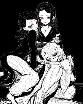 1girl 2boys arm_support asymmetrical_bangs bishounen black_sclera blush boy_sandwich closed_mouth coattails colored_sclera commentary_request curly_hair curtained_hair demon_boy demon_girl enmu_(kimetsu_no_yaiba) facial_mark fingernails genderswap genderswap_(mtf) green_eyes greyscale hair_bobbles hair_ornament hand_on_another's_chin hand_on_another's_shoulder hetero highres horimhkw11 jacket japanese_clothes kibutsuji_muzan kibutsuji_muzan_(female) kimetsu_no_yaiba kimono kneeling leaning_on_person lipstick long_hair long_sidelocks long_sleeves looking_back makeup medium_hair monochrome multiple_boys obi pants pinstripe_pants pinstripe_pattern print_kimono raised_eyebrows red_eyes rui_(kimetsu_no_yaiba) sandwiched sanpaku sash sharp_fingernails sidelocks simple_background sitting slit_pupils smile spider_web_print spot_color symbol-shaped_pupils tailcoat tears_facial_mark trap turning_head