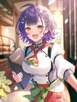 1girl :d ahoge artist_name ascot blunt_bangs blurry blurry_background blush breasts buttons chromatic_aberration commentary_request display_case double-parted_bangs eyelashes glint gradient_hair green_sash hair_ornament hanging_light highres holding holding_menu indoors kingyo_114 light_particles light_rays long_sleeves looking_at_viewer medium_breasts menu multicolored_hair nanase_suzuna nanase_suzuna_(1st_costume) nijisanji open_mouth orange_eyes petals plant pocket puffy_sleeves purple_hair red_ascot red_skirt sash shirt short_hair skirt smile solo twitter_username virtual_youtuber wavy_hair white_shirt window x_hair_ornament